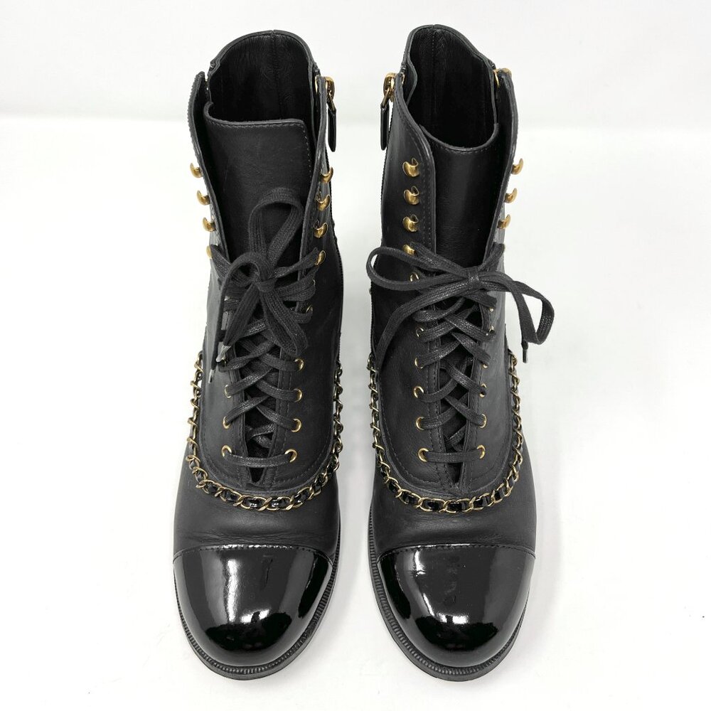 Chanel Lace‑Up Leather Boots Black/Gold Chain Patent Toecap Size 41 EU - Picture 2 of 10